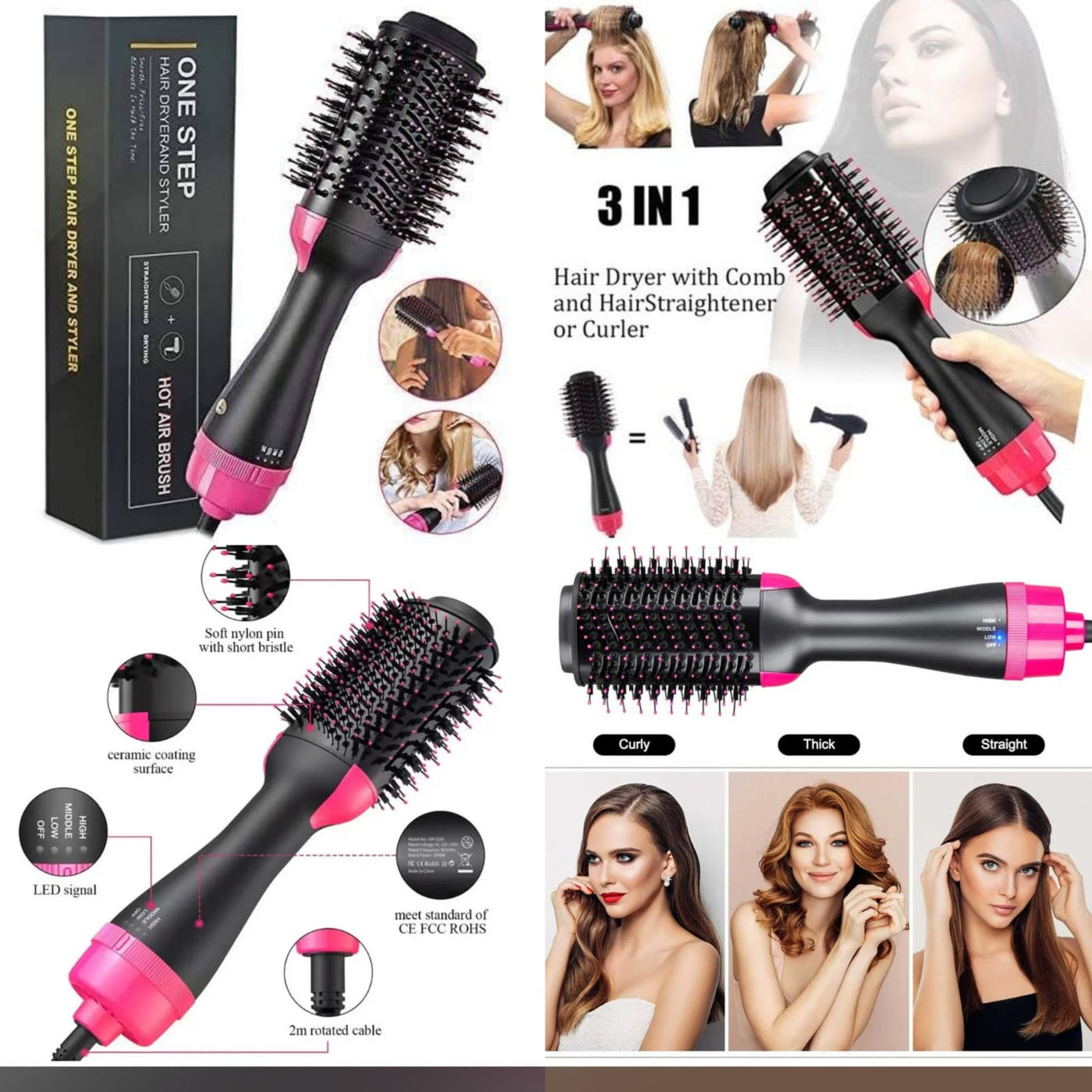 3-In-1 Hot Air Brush Original One Step Hair Dryer & Styler And Volumizer - (Ice Roller Free)