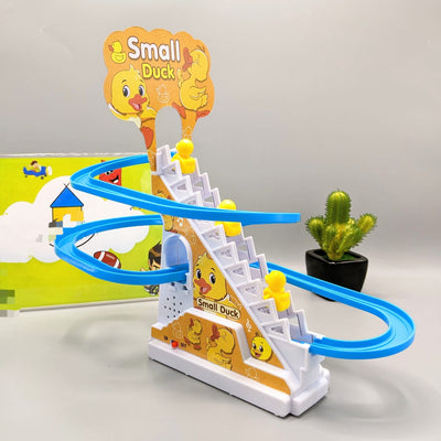 Electric Duck Climbing Stairs Slides Set with LED Flashing Lights Music Race Car Tracks Roller Coaster Kids Educational Toys