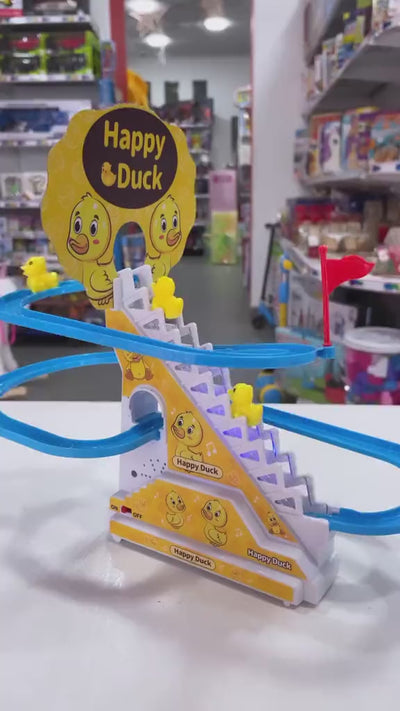 Electric Duck Climbing Stairs Slides Set with LED Flashing Lights Music Race Car Tracks Roller Coaster Kids Educational Toys