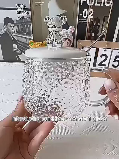 Cute Bear Glass Mug with Lid Spoon Heat-resistant Glass Cup Transparent Latte Coffee Bubble Tea Cup Juice Milk Mocha
