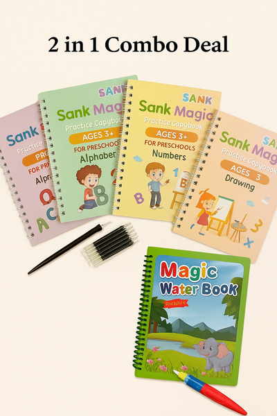 KK Trader | 2-in-1 Kids Learning Deal: Magic Water Coloring Book + Sank Magic Practice Copy for Kids