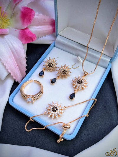 Zircon 4 PCs Combo Flower Set Chain Locket, Tops With Ring & Bracelet
