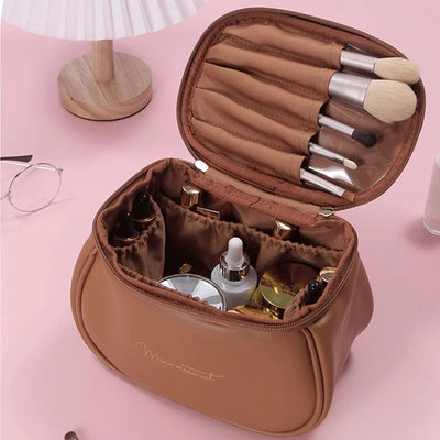 Elegant Double-Zip Cosmetic Organizer Bag with Brush Holder