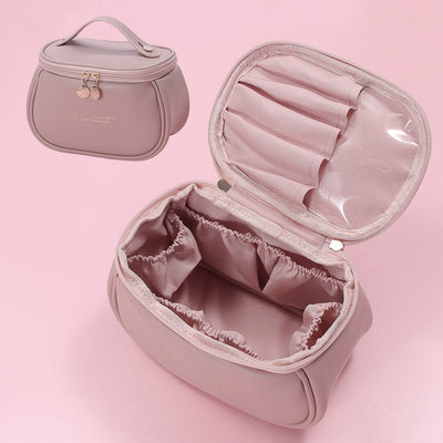 Elegant Double-Zip Cosmetic Organizer Bag with Brush Holder