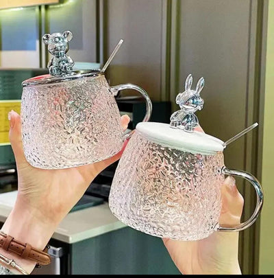 Cute Bear Glass Mug with Lid Spoon Heat-resistant Glass Cup Transparent Latte Coffee Bubble Tea Cup Juice Milk Mocha