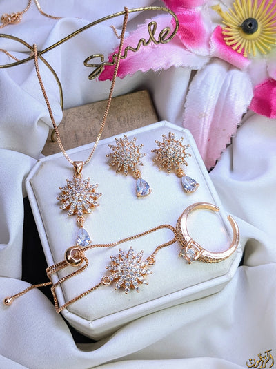 Zircon 4 PCs Combo Flower Set Chain Locket, Tops With Ring & Bracelet