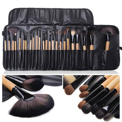 24-piece professional makeup brush set in a leather roll-up pouch