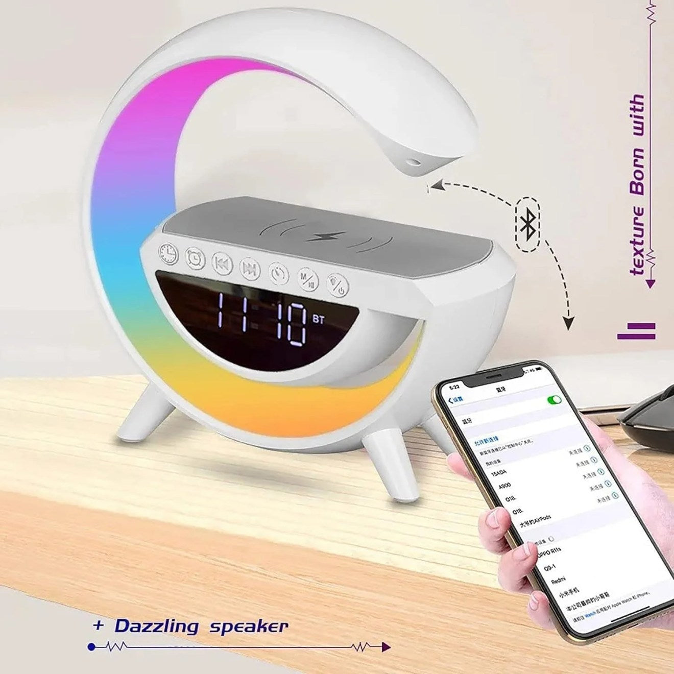 BT-3401 RGB LED Bluetooth Speaker with Wireless Phone Charger and LED lights