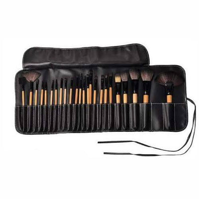 24-piece professional makeup brush set in a leather roll-up pouch