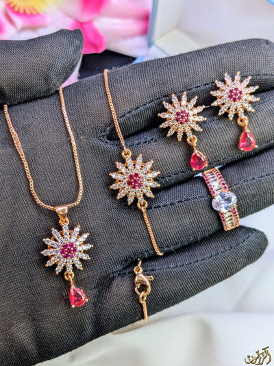 Zircon 4 PCs Combo Flower Set Chain Locket, Tops With Ring & Bracelet