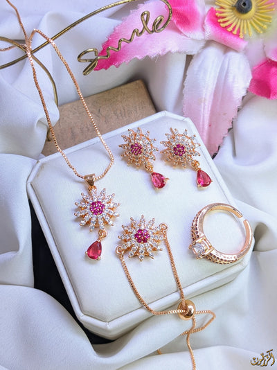 Zircon 4 PCs Combo Flower Set Chain Locket, Tops With Ring & Bracelet