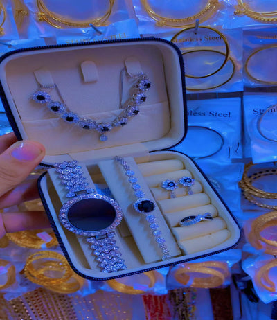 Elegant Stone Watch With Bracelet, Necklace, Earrings and Ring With Leather Box