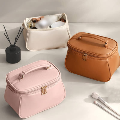 Elegant Double-Zip Cosmetic Organizer Bag with Brush Holder