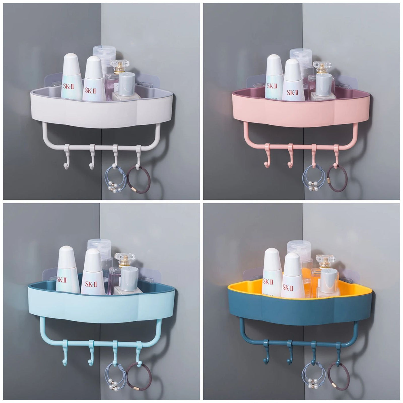 Double Layer Bathroom/Kitchen Self Adhesive Corner Shelf with 4 Hanging Hooks