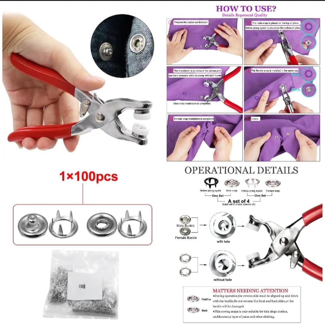 Metal Snap Buttons with Fastener Pliers Press Tool Kit tichbutton Machine With 50 Buttons
