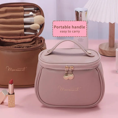 Elegant Double-Zip Cosmetic Organizer Bag with Brush Holder