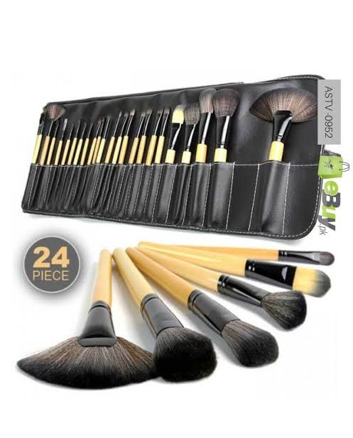 24-piece professional makeup brush set in a leather roll-up pouch
