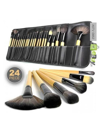 24-piece professional makeup brush set in a leather roll-up pouch