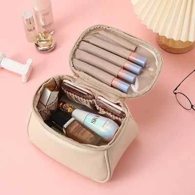 Elegant Double-Zip Cosmetic Organizer Bag with Brush Holder