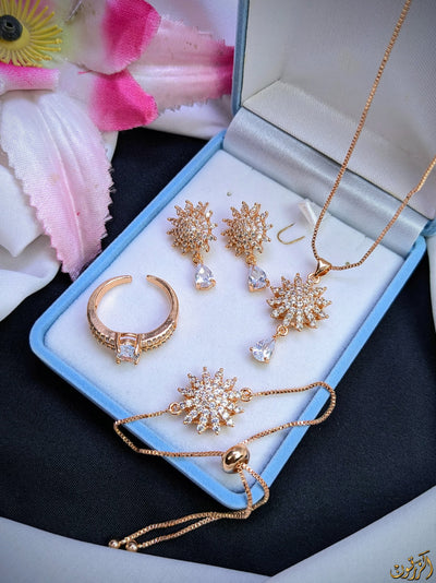 Zircon 4 PCs Combo Flower Set Chain Locket, Tops With Ring & Bracelet